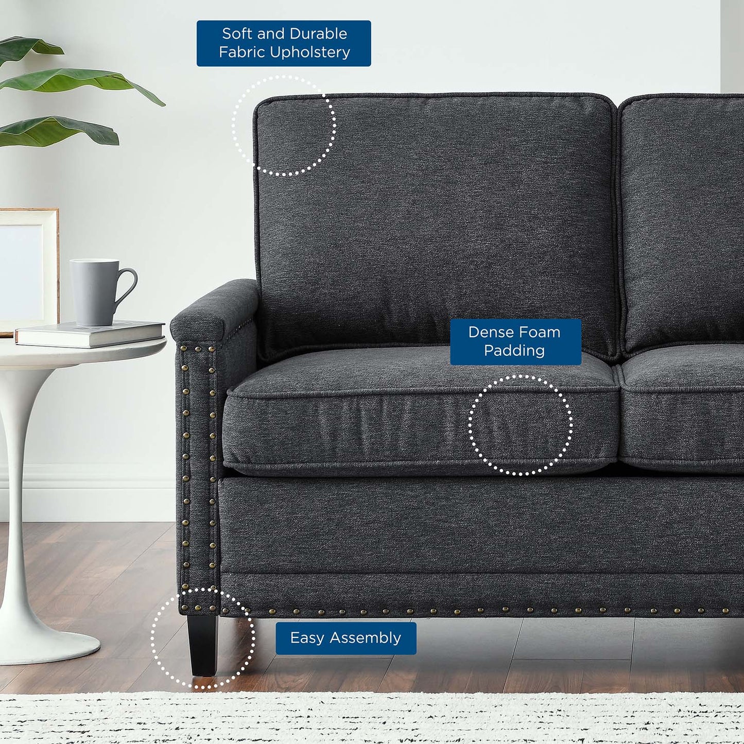 Ashton Upholstered Fabric Loveseat, Fabric, Dark Grey Gray, 20828