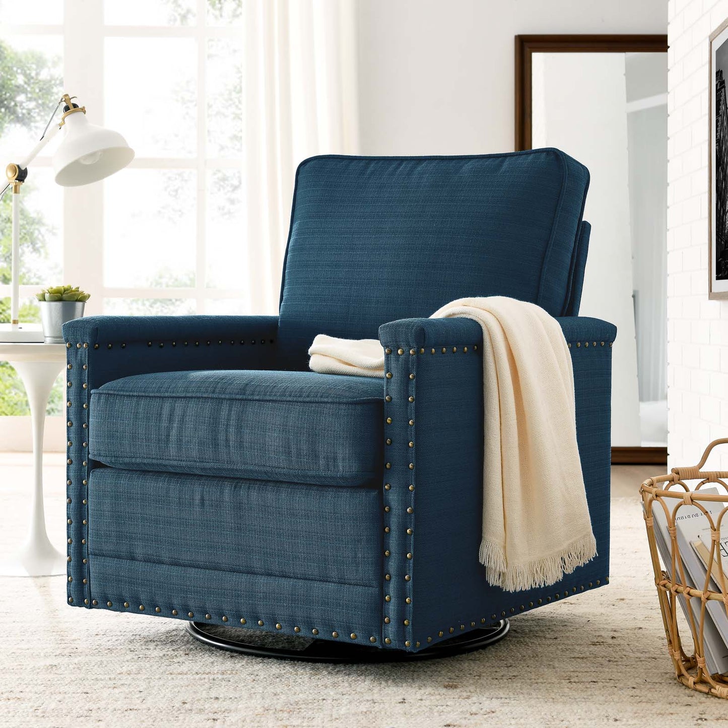 Ashton Upholstered Fabric Swivel Chair, Fabric, Navy Blue, 20840