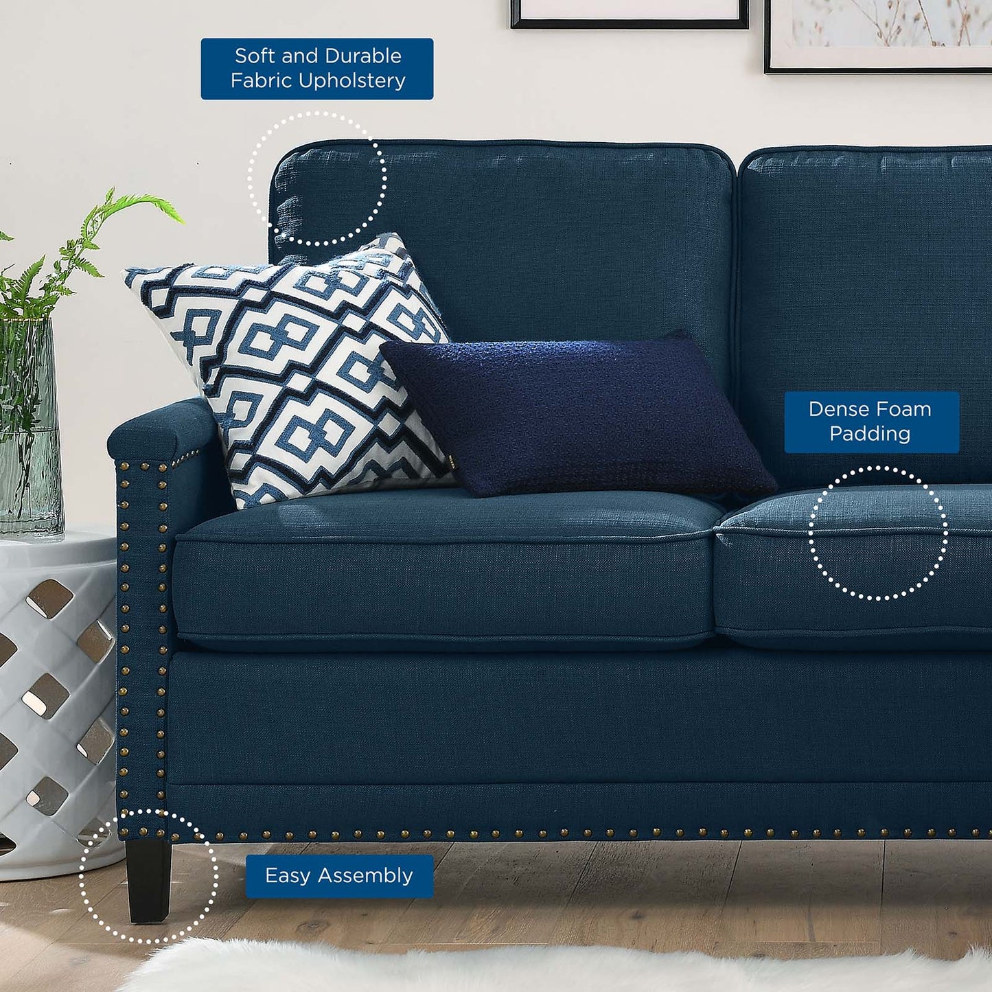 Ashton Upholstered Fabric Sectional Sofa, Fabric, Navy Blue, 20847