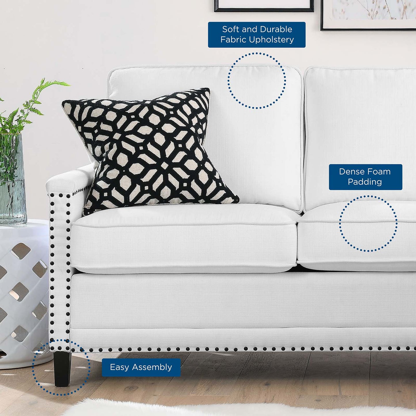 Ashton Upholstered Fabric Sectional Sofa, Fabric, White, 20852