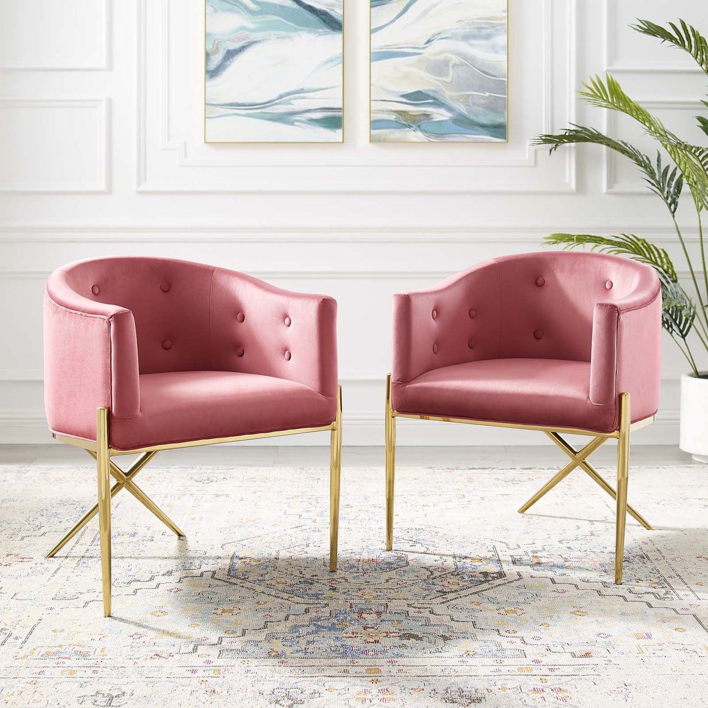 Savour Accent Dining Armchair Performance Velvet Set of 2, Velvet, Metal Steel, Pink, 20855