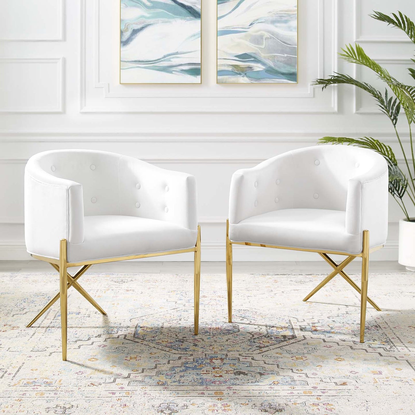 Savour Accent Dining Armchair Performance Velvet Set of 2, Velvet, Metal Steel, White, 20858