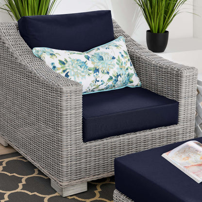 Conway Outdoor Patio Wicker Rattan 2-Piece Armchair and Ottoman Set, Rattan, Wicker, Light Grey Gray Blue Navy, 23370
