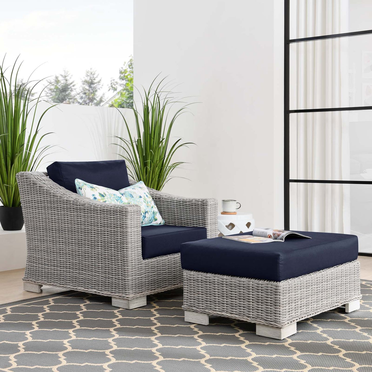 Conway Outdoor Patio Wicker Rattan 2-Piece Armchair and Ottoman Set, Rattan, Wicker, Light Grey Gray Blue Navy, 23370