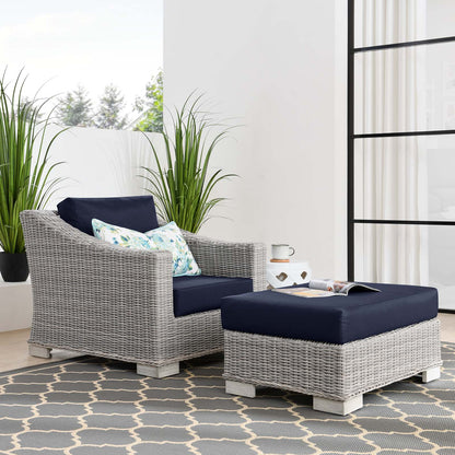 Conway Outdoor Patio Wicker Rattan 2-Piece Armchair and Ottoman Set, Rattan, Wicker, Light Grey Gray Blue Navy, 23370