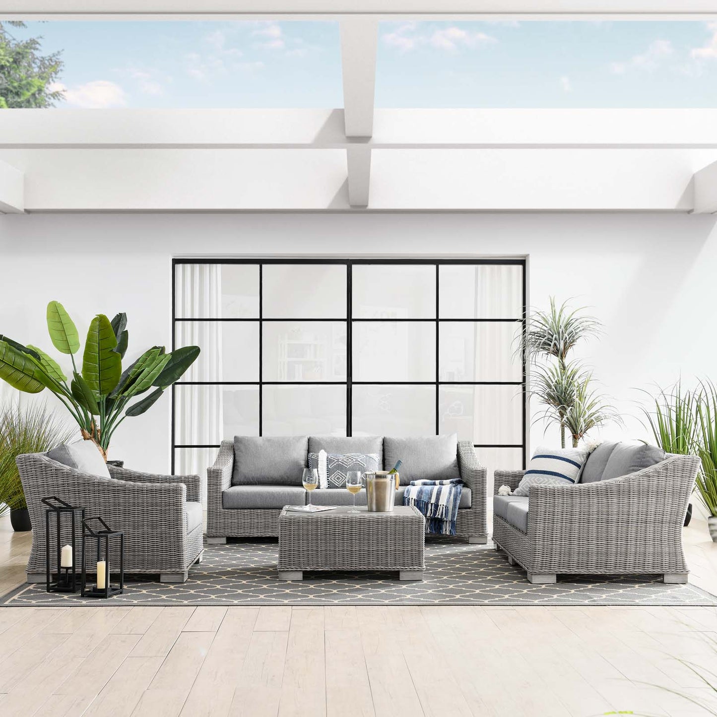 Conway 4-Piece Outdoor Patio Wicker Rattan Furniture Set, Rattan, Wicker, Grey Gray, 23373