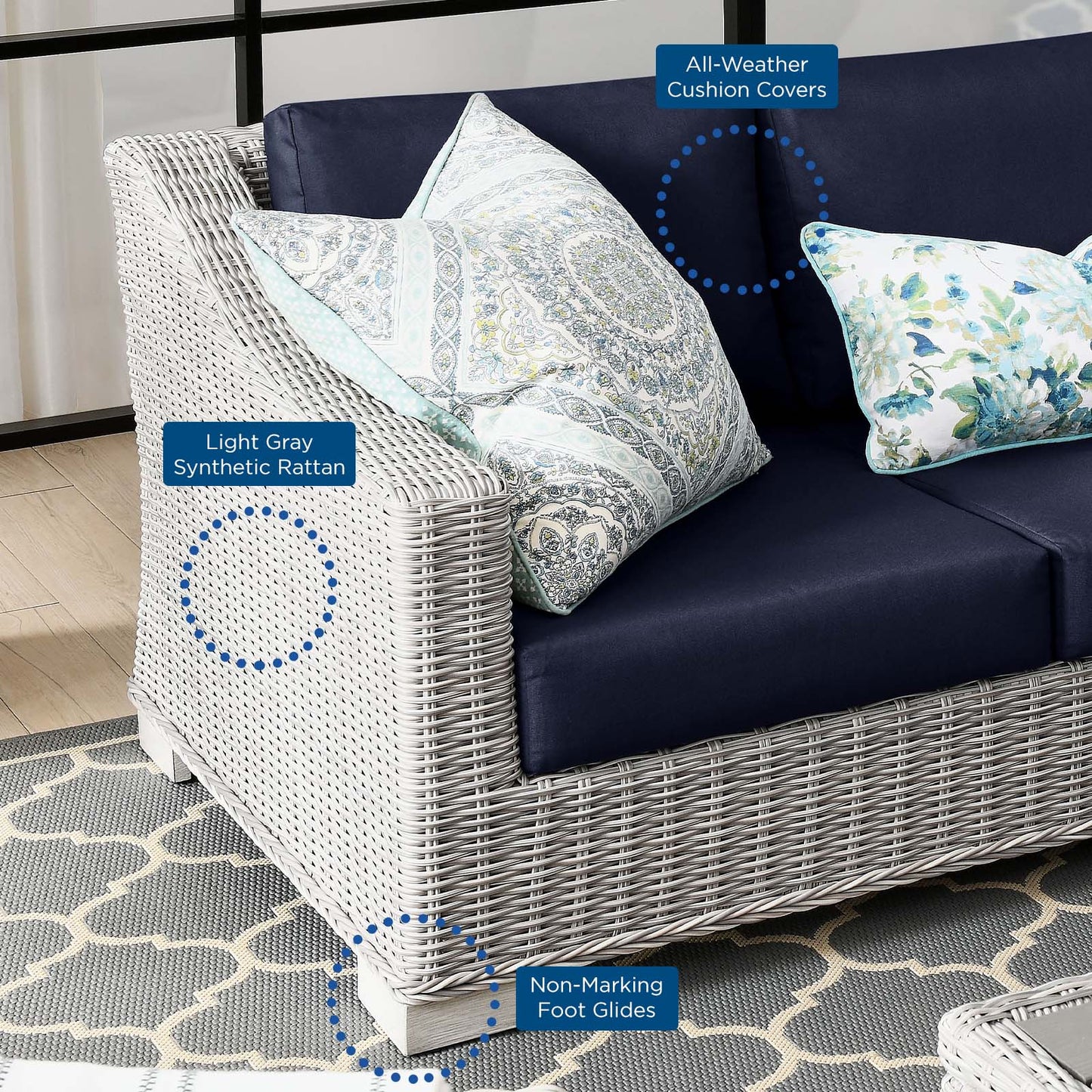 Conway 4-Piece Outdoor Patio Wicker Rattan Furniture Set, Rattan, Wicker, Light Grey Gray Blue Navy, 23375