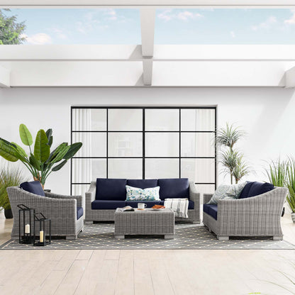 Conway 4-Piece Outdoor Patio Wicker Rattan Furniture Set, Rattan, Wicker, Light Grey Gray Blue Navy, 23375
