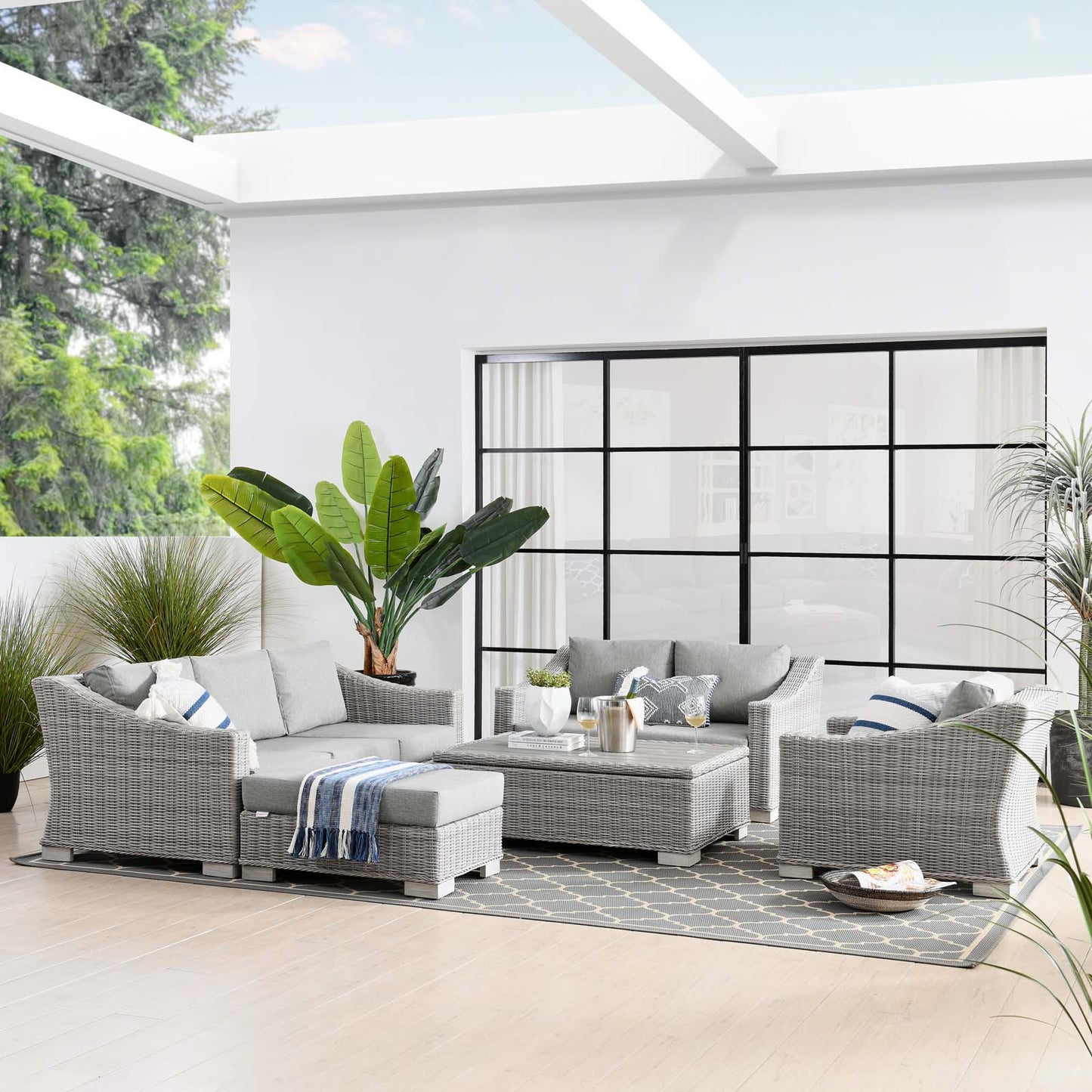 Conway 5-Piece Outdoor Patio Wicker Rattan Furniture Set, Rattan, Wicker, Grey Gray, 23377