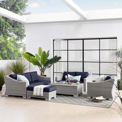 Conway 5-Piece Outdoor Patio Wicker Rattan Furniture Set, Rattan, Wicker, Light Grey Gray Blue Navy, 23379