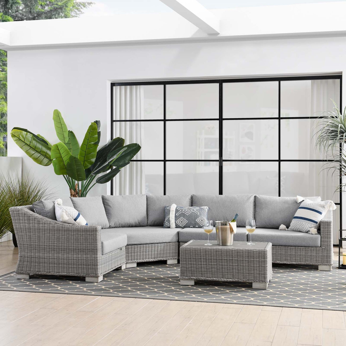 Conway Outdoor Patio Wicker Rattan 5-Piece Sectional Sofa Furniture Set, Rattan, Wicker, Grey Gray, 23381