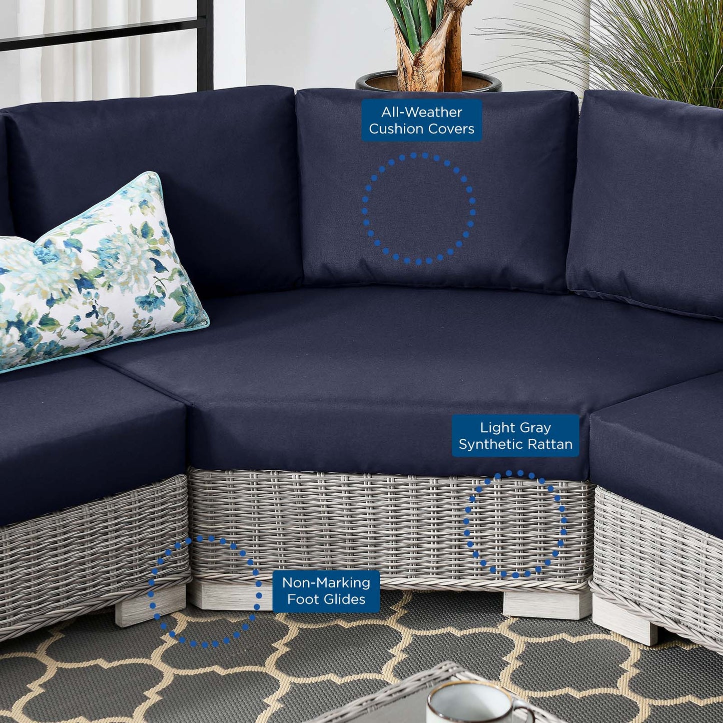 Conway Outdoor Patio Wicker Rattan 5-Piece Sectional Sofa Furniture Set, Rattan, Wicker, Light Grey Gray Blue Navy, 23383