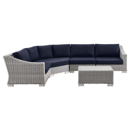 Conway Outdoor Patio Wicker Rattan 5-Piece Sectional Sofa Furniture Set, Rattan, Wicker, Light Grey Gray Blue Navy, 23383