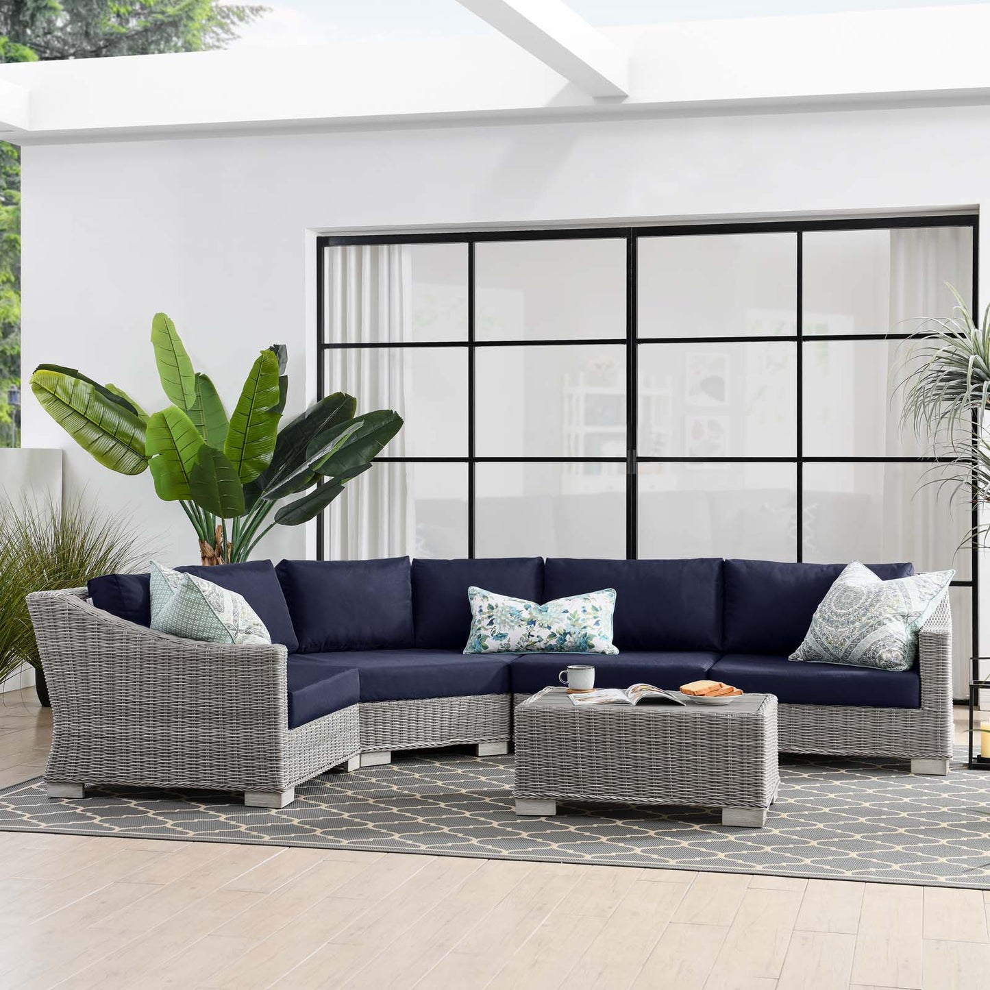 Conway Outdoor Patio Wicker Rattan 5-Piece Sectional Sofa Furniture Set, Rattan, Wicker, Light Grey Gray Blue Navy, 23383