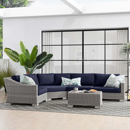 Conway Outdoor Patio Wicker Rattan 5-Piece Sectional Sofa Furniture Set, Rattan, Wicker, Light Grey Gray Blue Navy, 23383