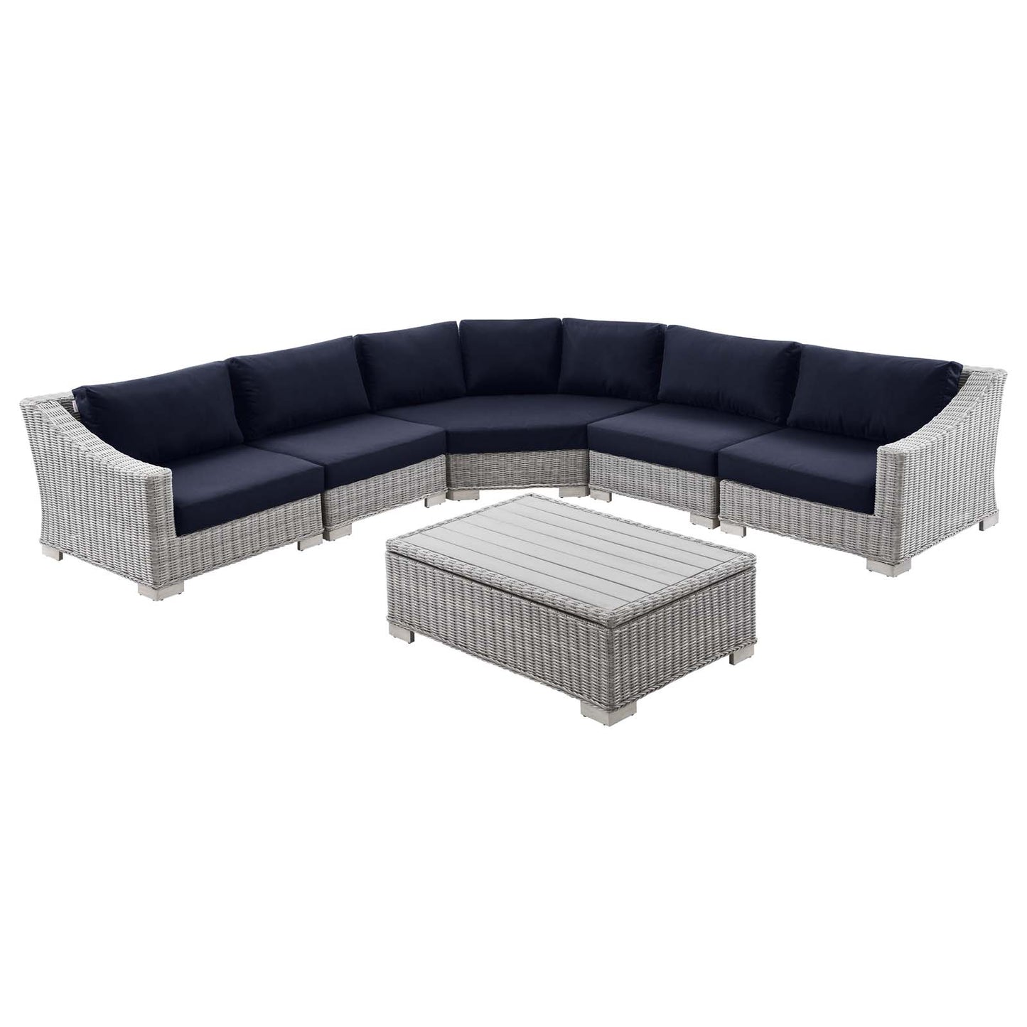 Conway Outdoor Patio Wicker Rattan 6-Piece Sectional Sofa Furniture Set, Rattan, Wicker, Light Grey Gray Blue Navy, 23387