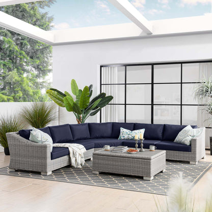Conway Outdoor Patio Wicker Rattan 6-Piece Sectional Sofa Furniture Set, Rattan, Wicker, Light Grey Gray Blue Navy, 23387