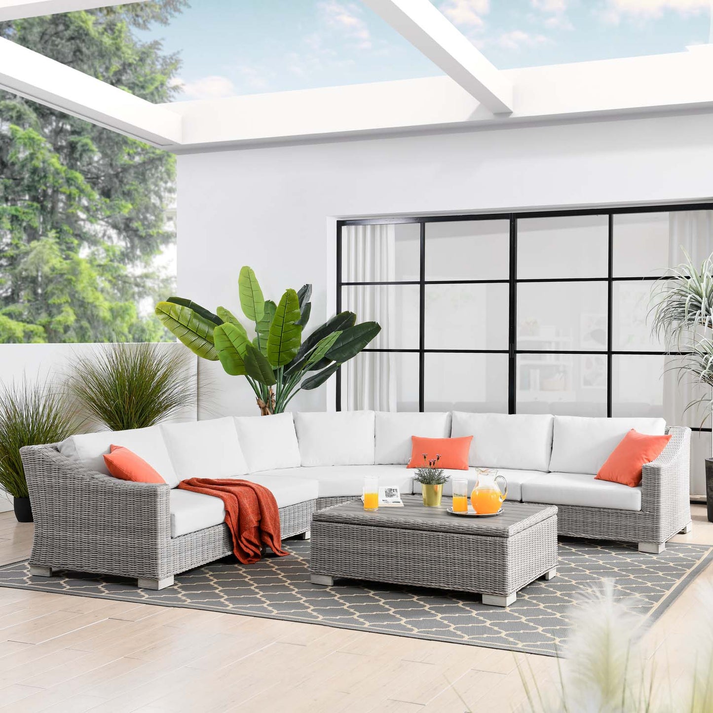 Conway Outdoor Patio Wicker Rattan 6-Piece Sectional Sofa Furniture Set, Rattan, Wicker, Light Grey Gray White, 23388