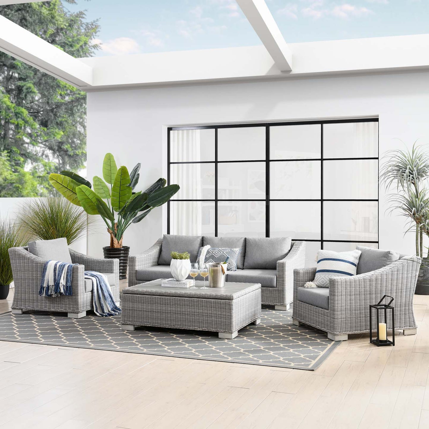 Conway 4-Piece Outdoor Patio Wicker Rattan Furniture Set, Rattan, Wicker, Grey Gray, 23389