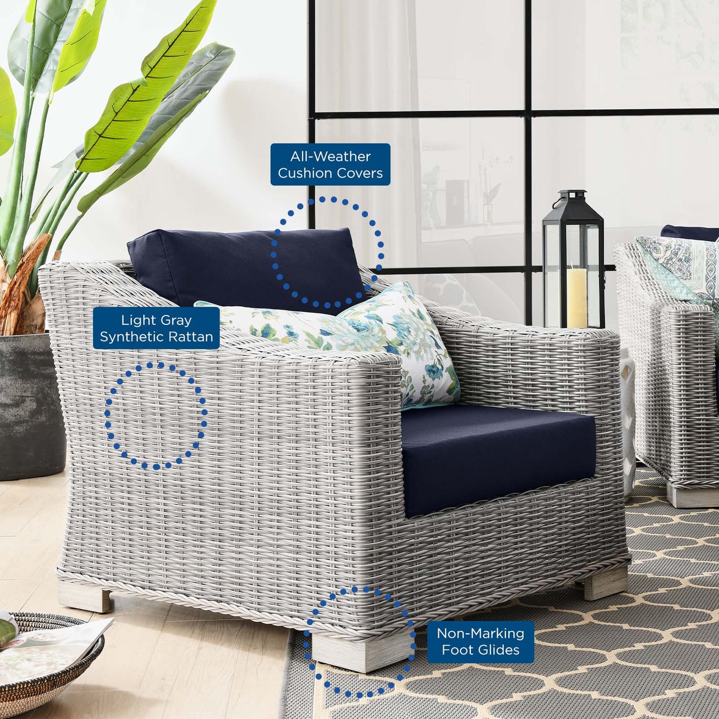 Conway Outdoor Patio Wicker Rattan 9-Piece Sectional Sofa Furniture Set, Rattan, Wicker, Light Grey Gray Blue Navy, 23395