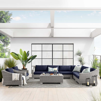 Conway Outdoor Patio Wicker Rattan 9-Piece Sectional Sofa Furniture Set, Rattan, Wicker, Light Grey Gray Blue Navy, 23395