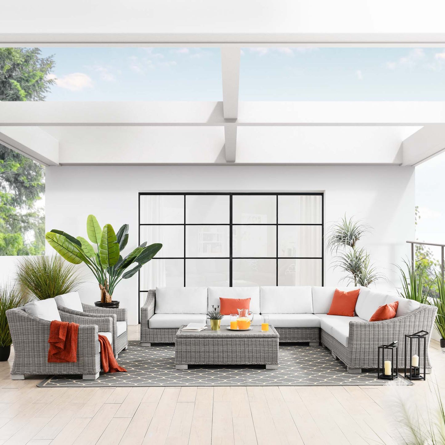Conway Outdoor Patio Wicker Rattan 9-Piece Sectional Sofa Furniture Set, Rattan, Wicker, Light Grey Gray White, 23396