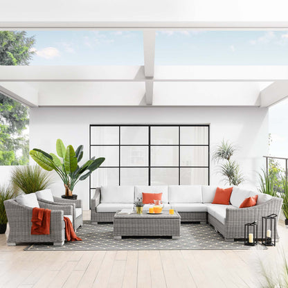 Conway Outdoor Patio Wicker Rattan 9-Piece Sectional Sofa Furniture Set, Rattan, Wicker, Light Grey Gray White, 23396
