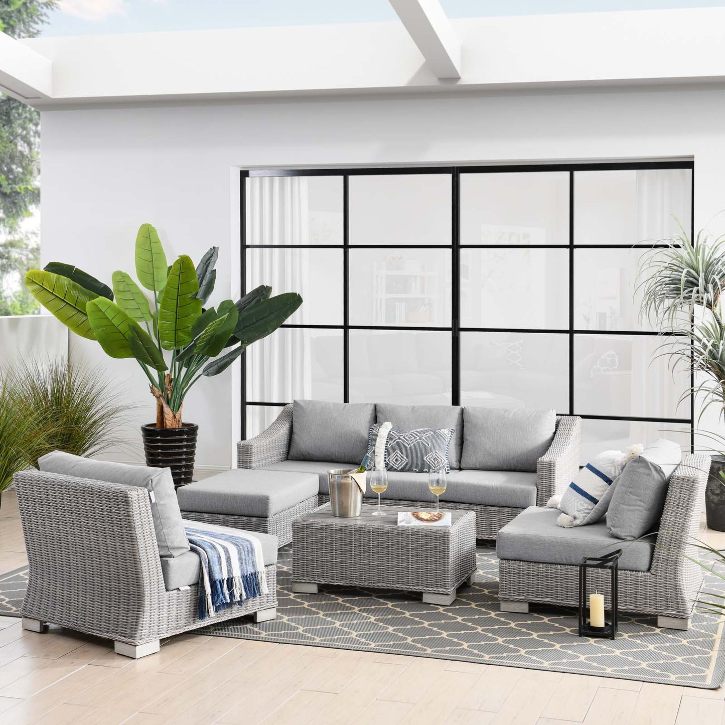 Conway 5-Piece Outdoor Patio Wicker Rattan Furniture Set, Rattan, Wicker, Grey Gray, 23397