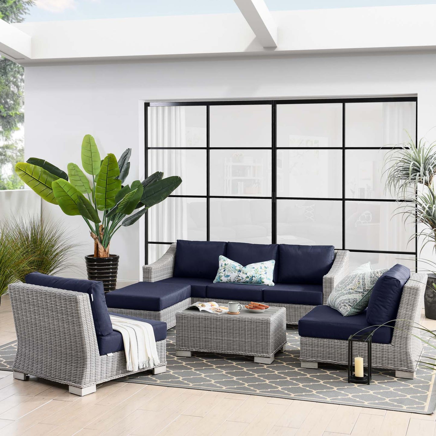 Conway 5-Piece Outdoor Patio Wicker Rattan Furniture Set, Rattan, Wicker, Light Grey Gray Blue Navy, 23399