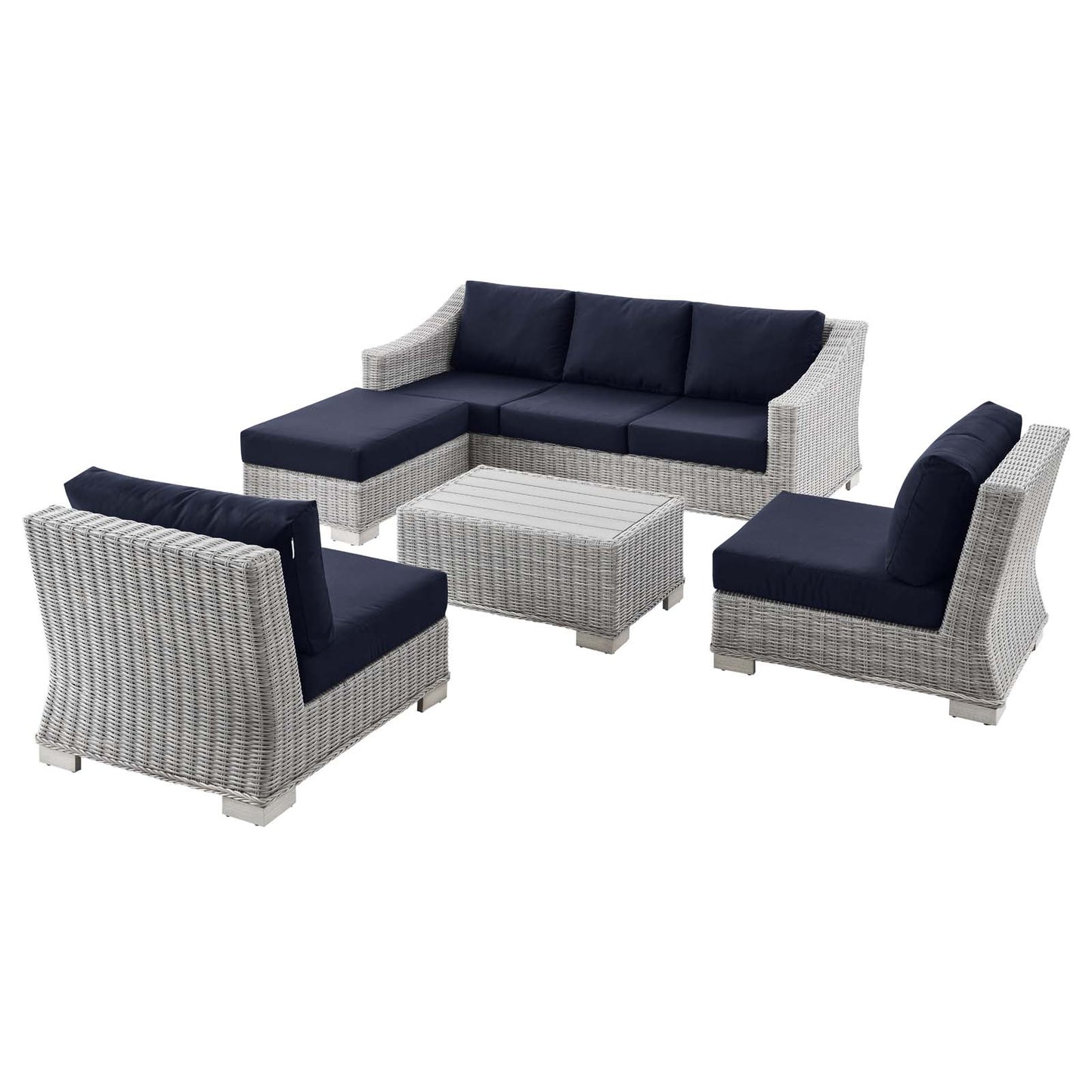 Conway 5-Piece Outdoor Patio Wicker Rattan Furniture Set, Rattan, Wicker, Light Grey Gray Blue Navy, 23399