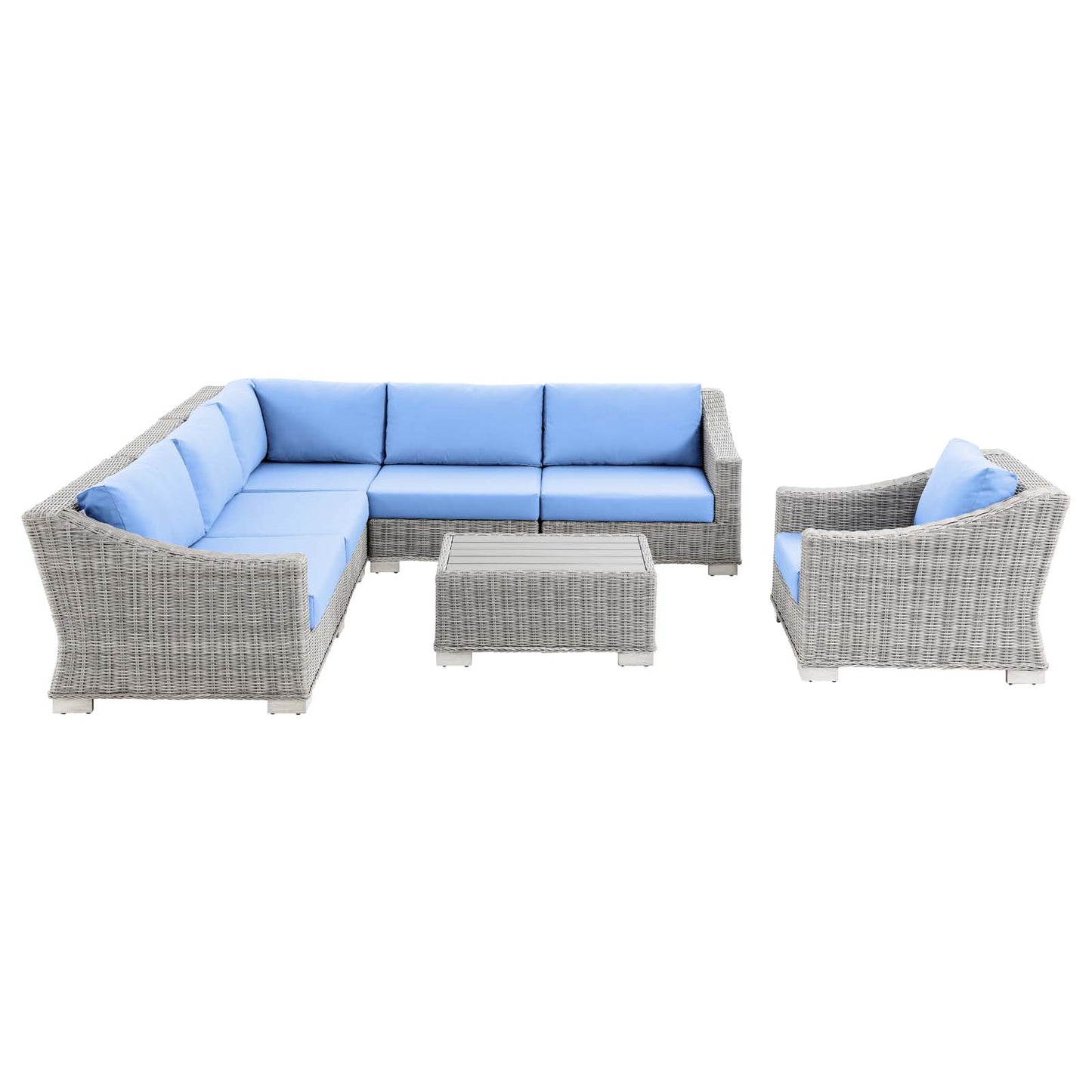 Conway Outdoor Patio Wicker Rattan 7-Piece Sectional Sofa Furniture Set, Rattan, Wicker, Light Grey Gray Light Blue, 23402
