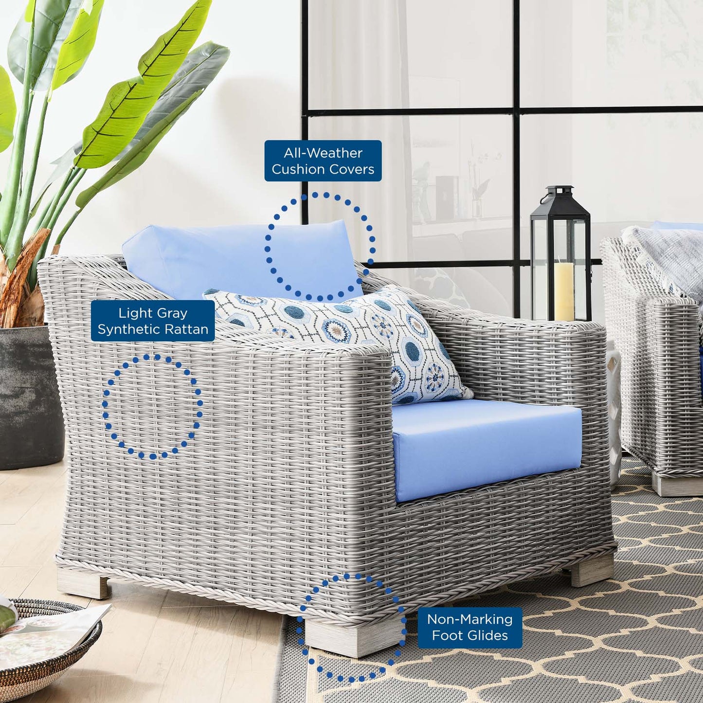 Conway Outdoor Patio Wicker Rattan 7-Piece Sectional Sofa Furniture Set, Rattan, Wicker, Light Grey Gray Light Blue, 23402