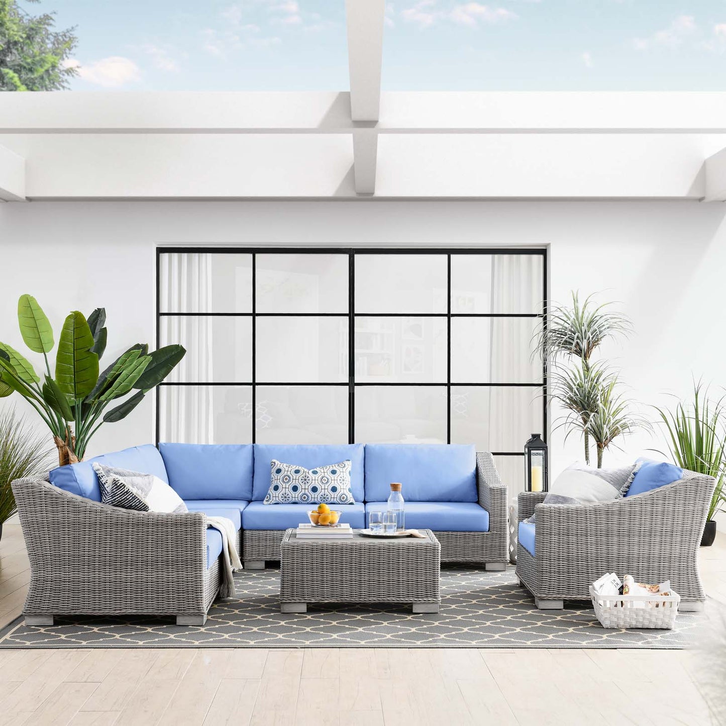 Conway Outdoor Patio Wicker Rattan 7-Piece Sectional Sofa Furniture Set, Rattan, Wicker, Light Grey Gray Light Blue, 23402