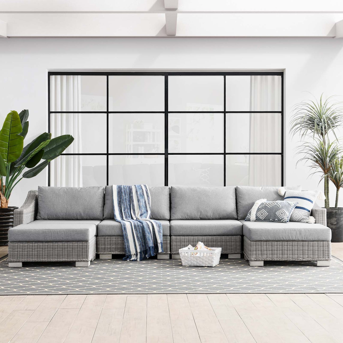 Conway Outdoor Patio Wicker Rattan 6-Piece Sectional Sofa Furniture Set, Rattan, Wicker, Grey Gray, 23405