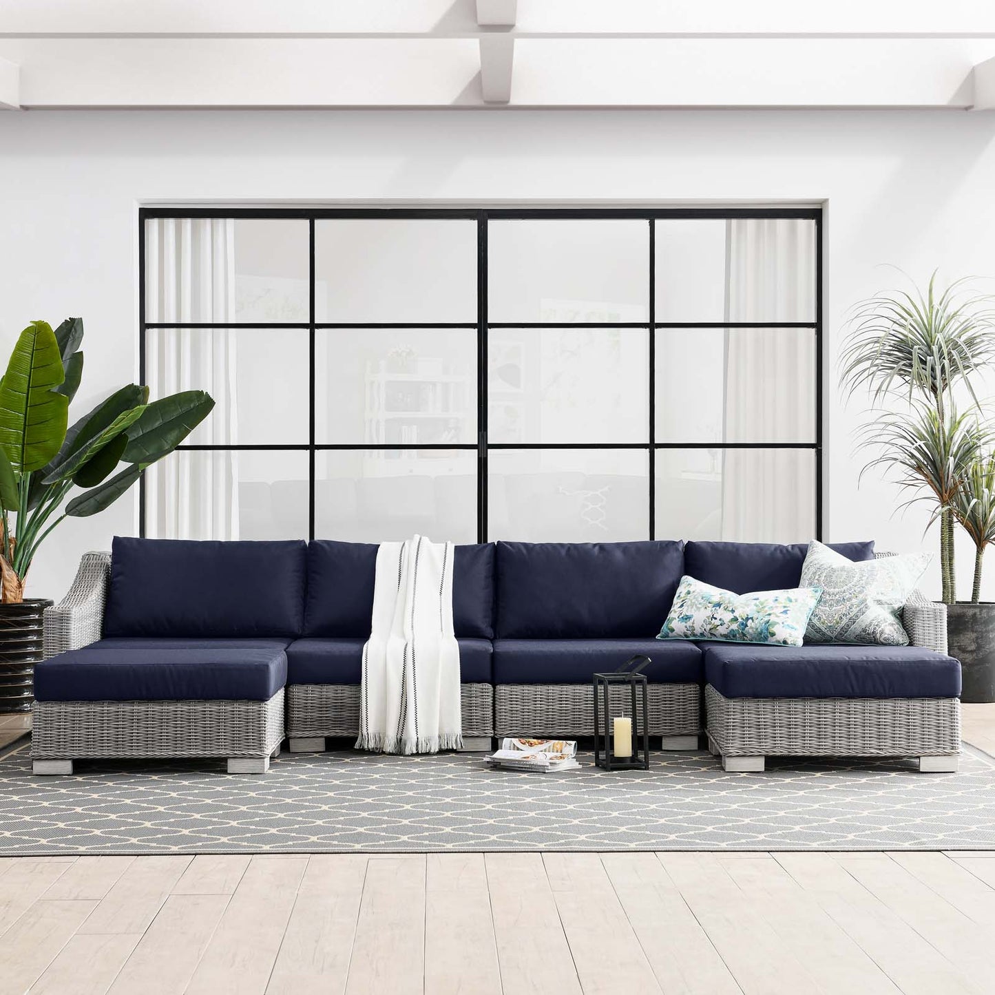 Conway Outdoor Patio Wicker Rattan 6-Piece Sectional Sofa Furniture Set, Rattan, Wicker, Light Grey Gray Blue Navy, 23407