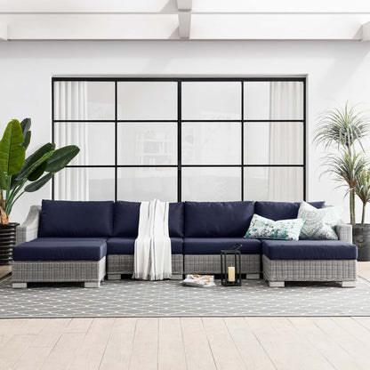 Conway Outdoor Patio Wicker Rattan 6-Piece Sectional Sofa Furniture Set, Rattan, Wicker, Light Grey Gray Blue Navy, 23407