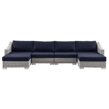 Conway Outdoor Patio Wicker Rattan 6-Piece Sectional Sofa Furniture Set, Rattan, Wicker, Light Grey Gray Blue Navy, 23407