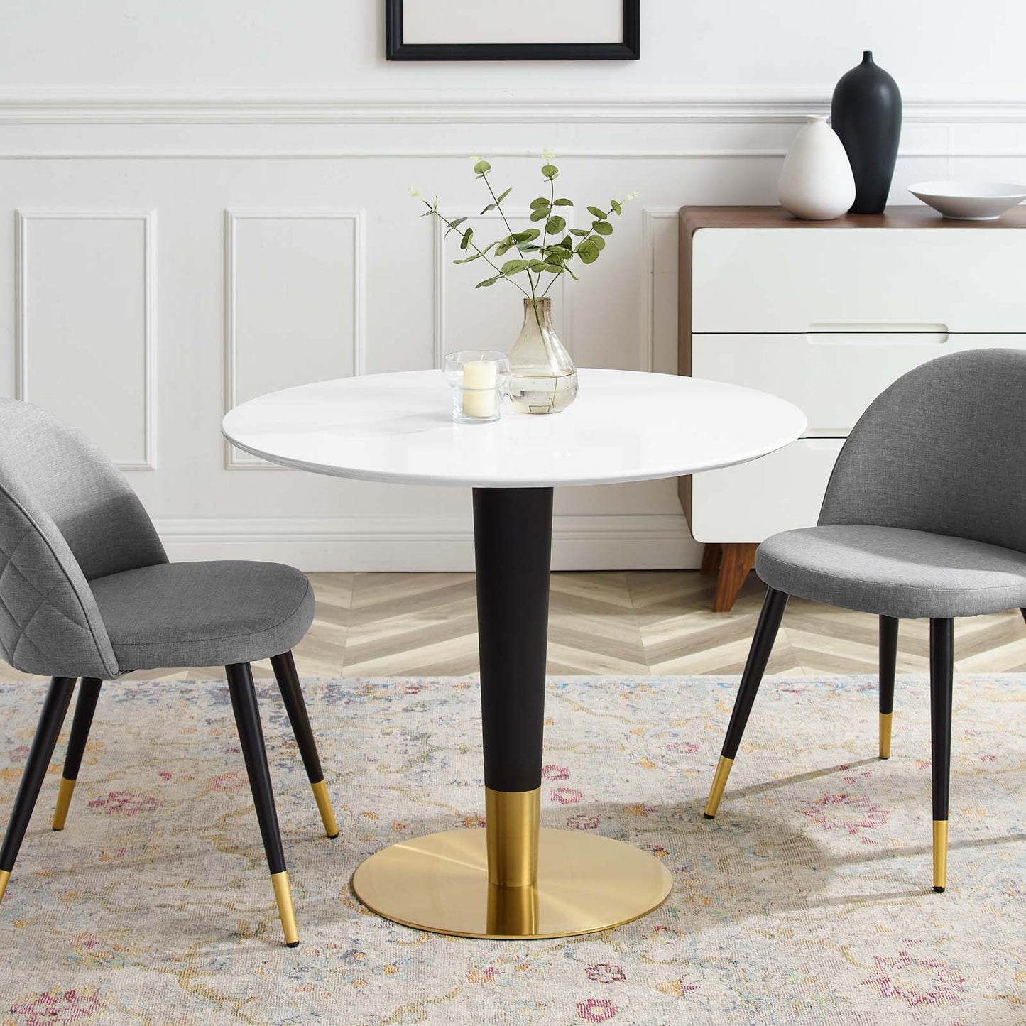 Zinque 36" Dining Table, Wood, Metal Steel, Gold White, 20876