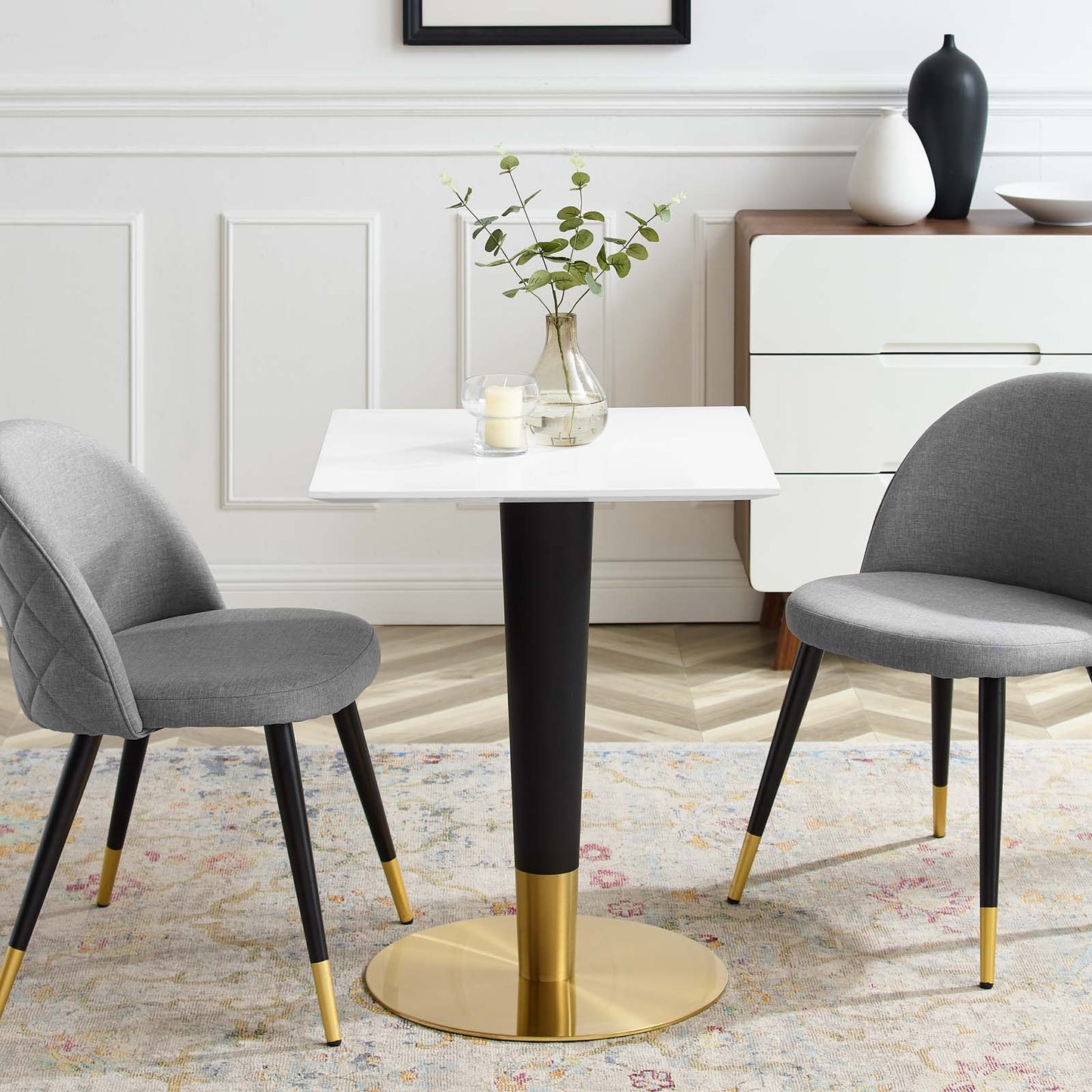 Zinque 24" Square Dining Table, Wood, Metal Steel, Gold White, 20877