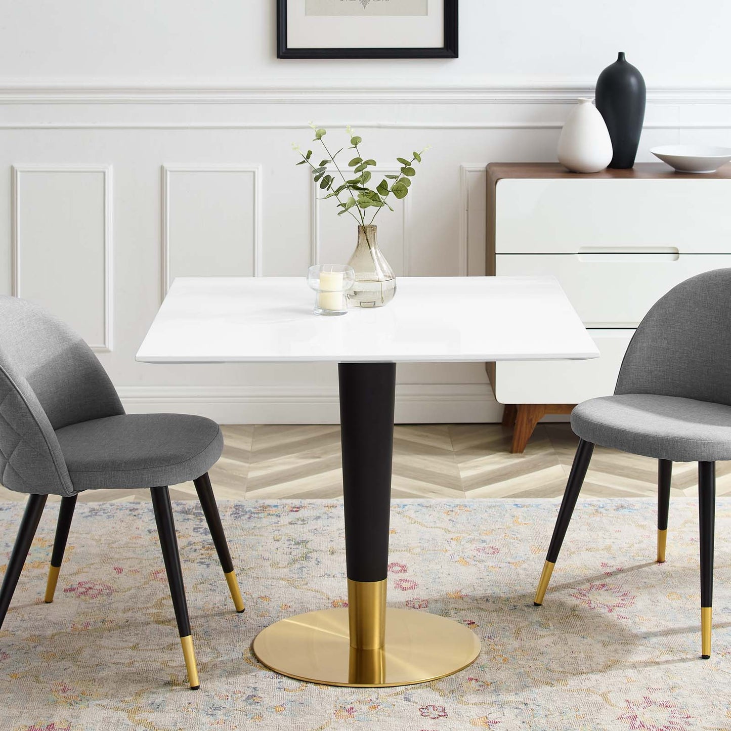 Zinque 36" Square Dining Table, Wood, Metal Steel, Gold White, 20879