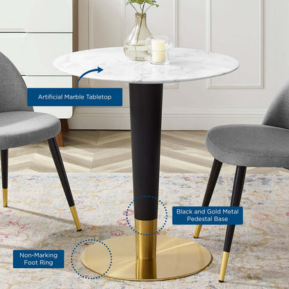 Zinque 28" Artificial Marble Dining Table, Artificial Marble, Metal Steel, Gold White, 20880