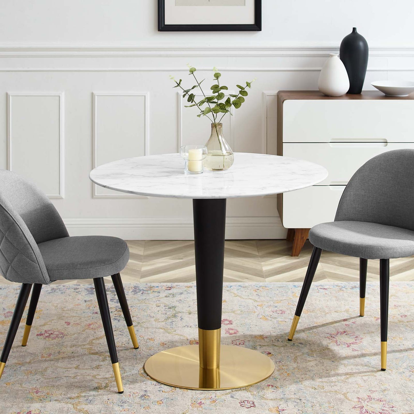 Zinque 36" Artificial Marble Dining Table, Artificial Marble, Metal Steel, Gold White, 20881