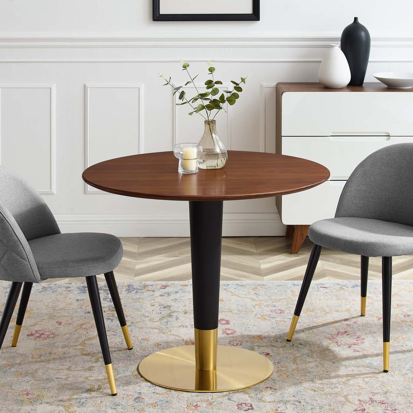 Zinque 36" Dining Table, Wood, Metal Steel, Gold Brown Brown Walnut, 20882