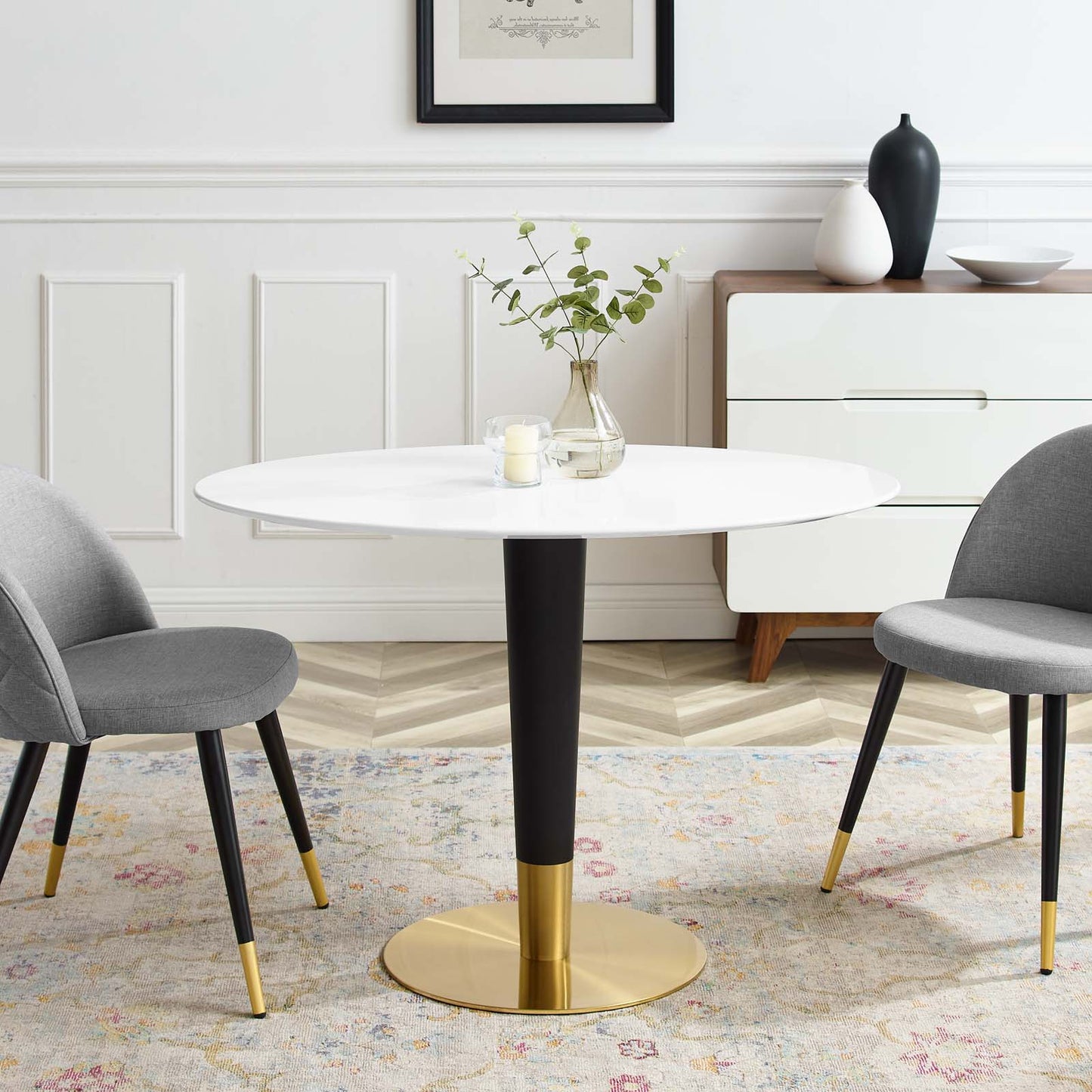 Zinque 42" Oval Dining Table, Wood, Metal Steel, Gold White, 20883