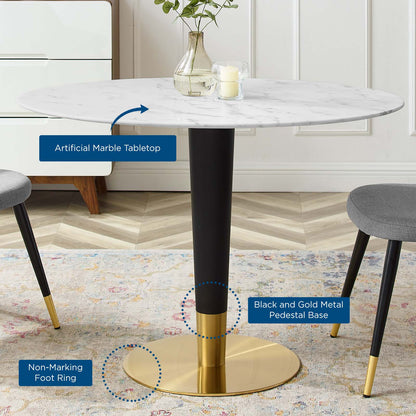 Zinque 42" Oval Artificial Marble Dining Table, Artificial Marble, Metal Steel, Gold White, 20884