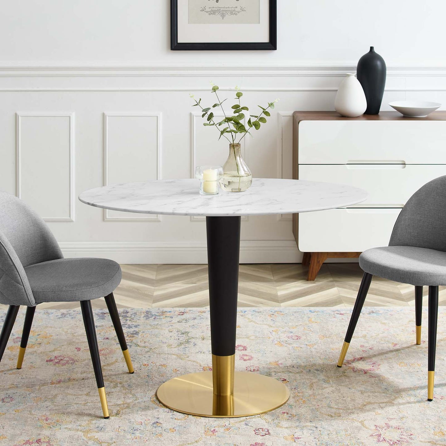 Zinque 42" Oval Artificial Marble Dining Table, Artificial Marble, Metal Steel, Gold White, 20884