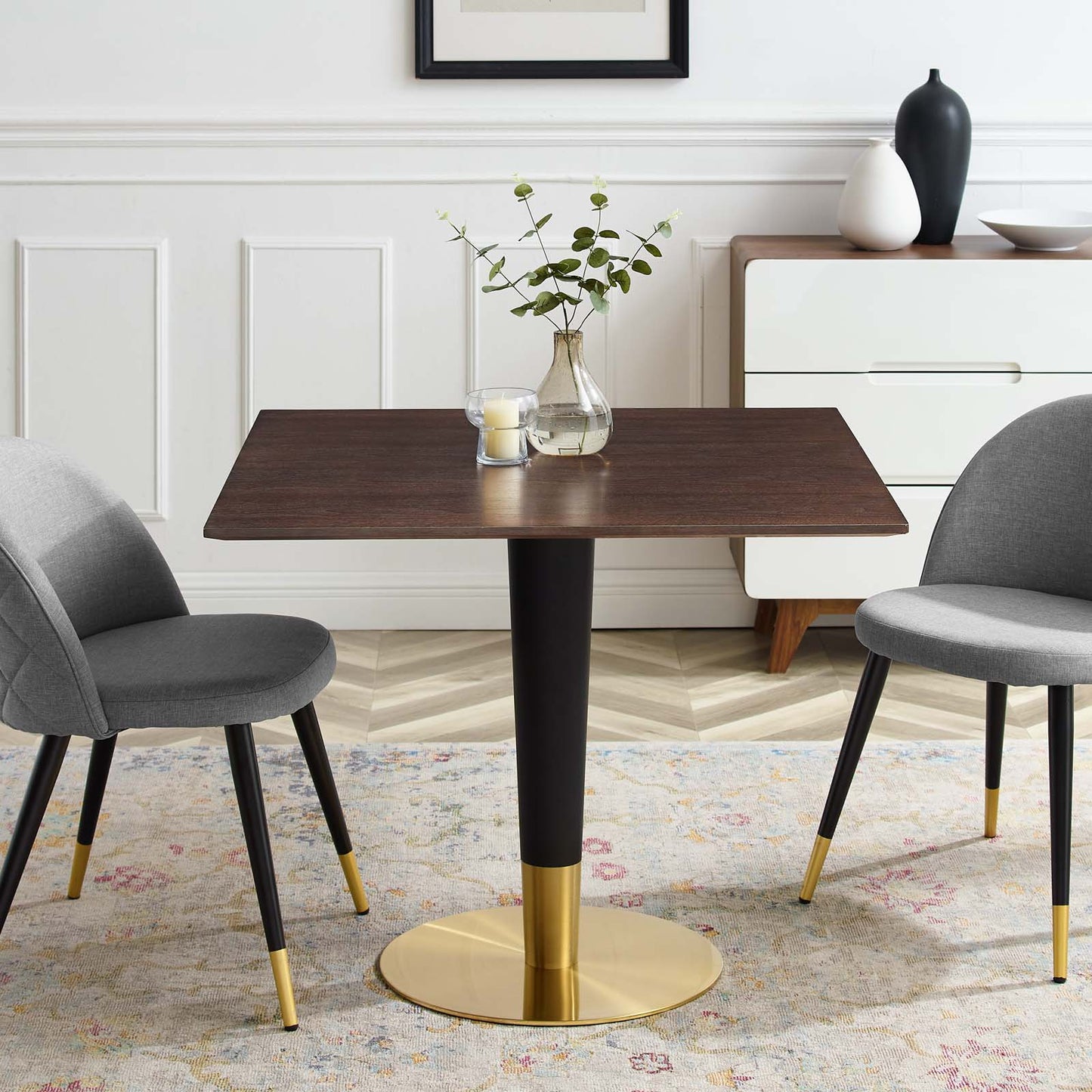 Zinque 36" Square Dining Table, Wood, Metal Steel, Gold Dark Brown Brown Walnut, 20886