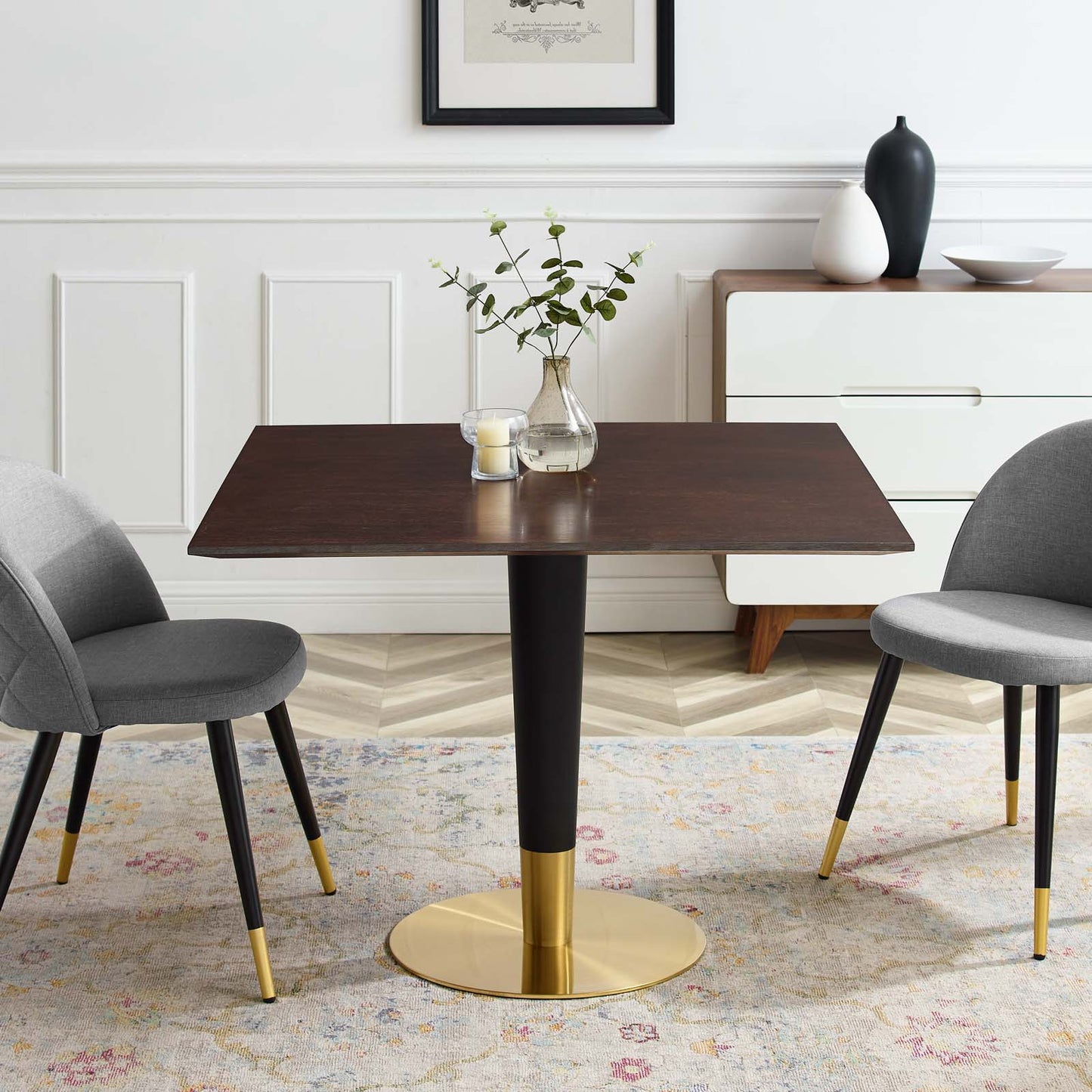 Zinque 40" Square Dining Table, Wood, Metal Steel, Gold Dark Brown Brown Walnut, 20888