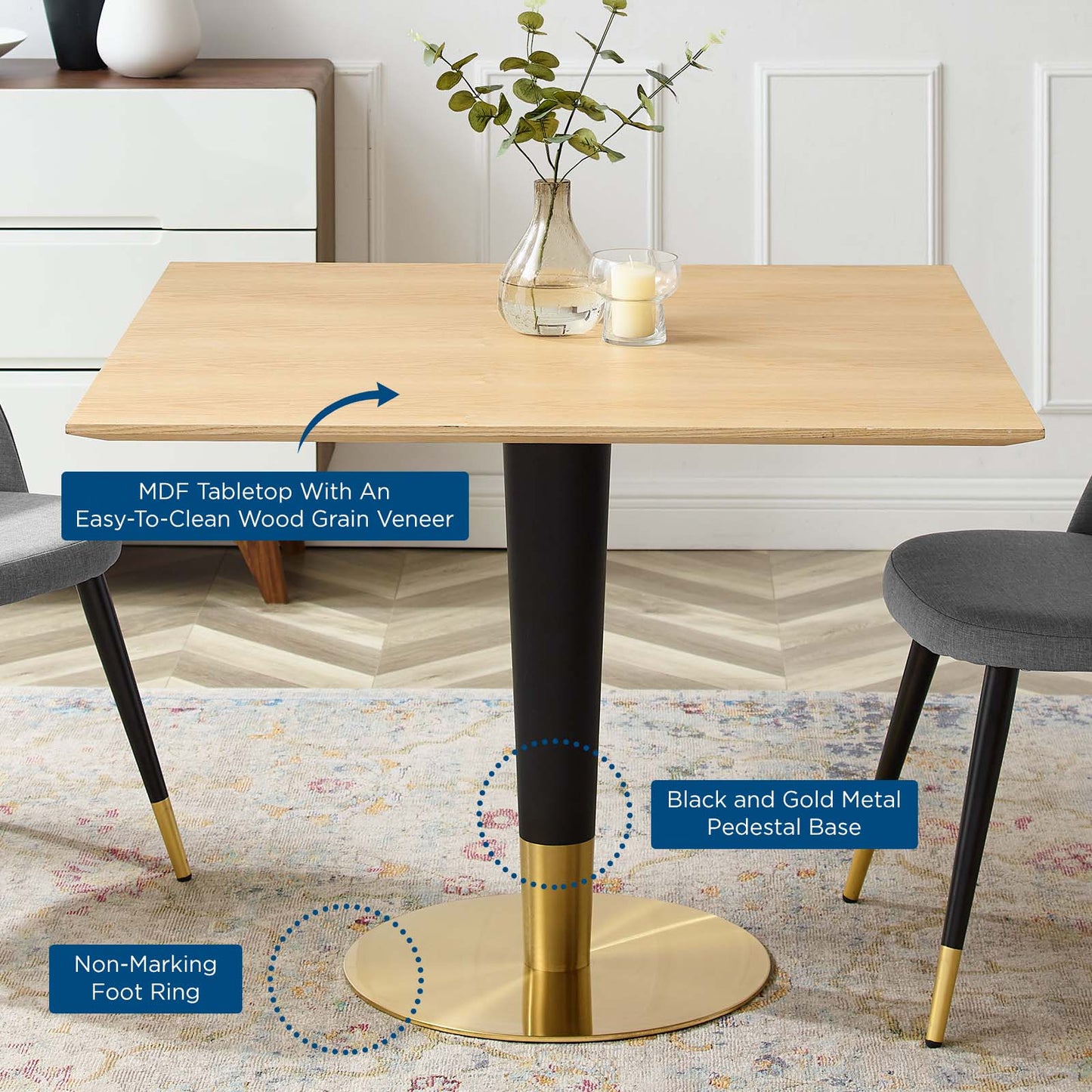 Zinque 40" Square Dining Table, Wood, Metal Steel, Gold Brown Natural, 20889