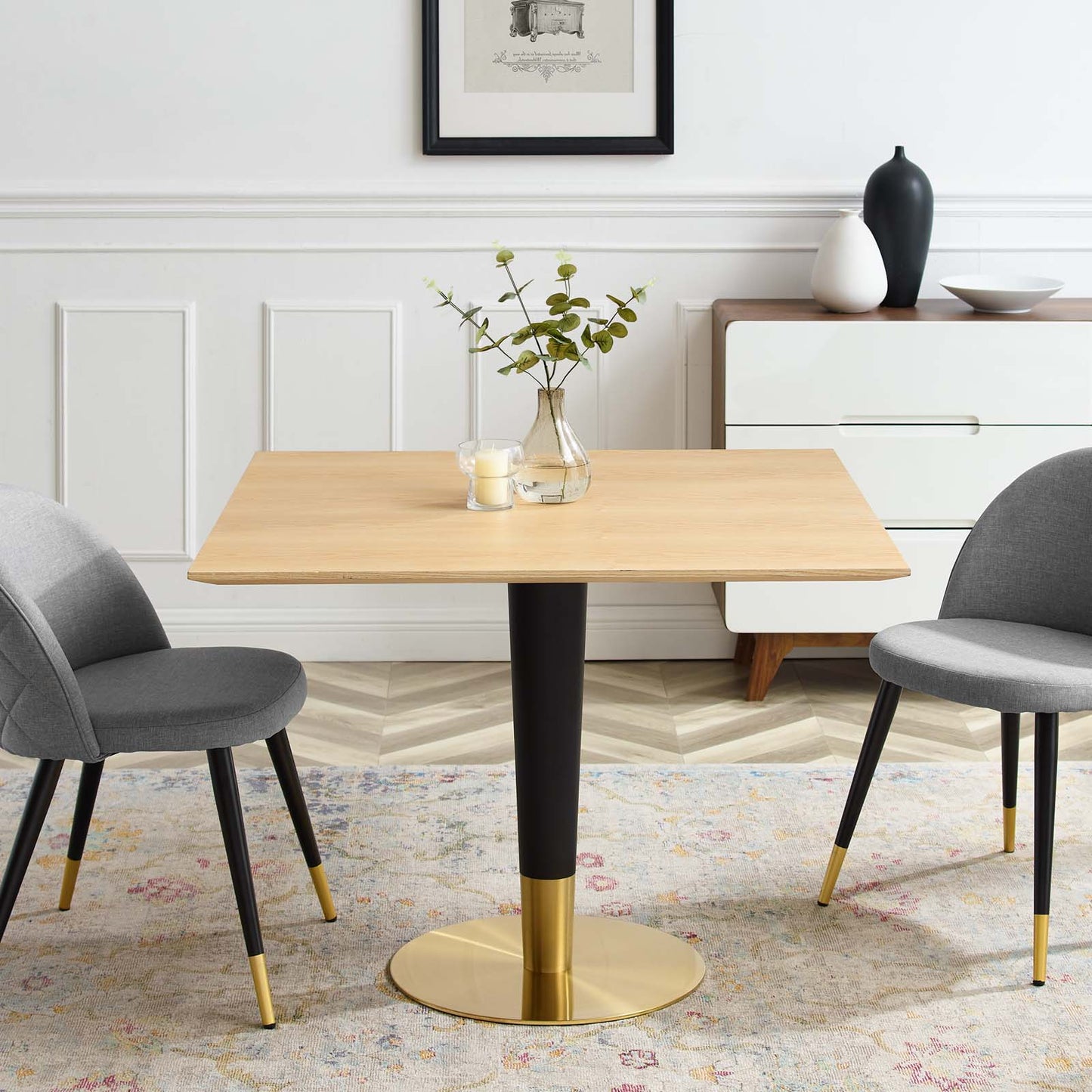 Zinque 40" Square Dining Table, Wood, Metal Steel, Gold Brown Natural, 20889